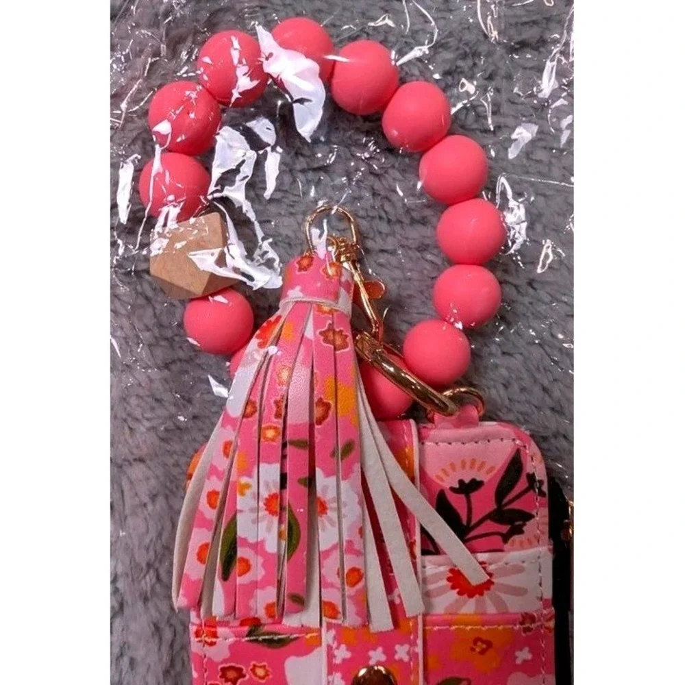 Unbranded Card Holder Keychain Women OS Pink Floral Wristlet Tassel Zipper
